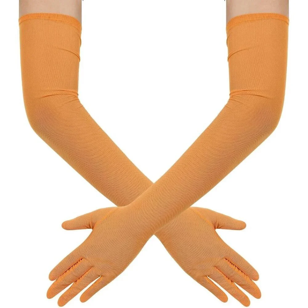 Women's Tulle Mesh Orange Long Stretchy Gloves Halloween Party Wedding Costume